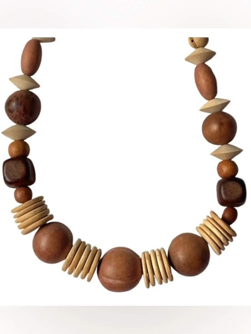 Statement Chunky Wood And Coconut Shell Bead Necklace Bohemian Tribal Brown